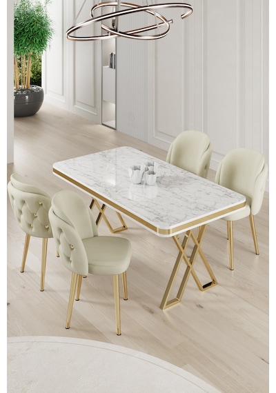 Canisa Rigel Serisi 80x130 Lak Panel Beyaz Mermer Desen Masa Takımı Gold Ayaklı 4 Krem Sandalye Beyaz Mermer Desen Masa Sandalyeler Krem Canisa Rigel Serisi 80x130 Lak Panel Beyaz Mermer Desen Masa Takımı Gold Ayaklı 4 Krem Sandalye Beyaz Mermer Desen Masa Sandalyeler Krem