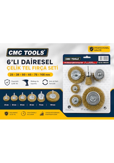 Dairesel Çelik Tel Fırça Seti 6'lı 25-38-50-65-75-100 Mm Kod: Cmc4175