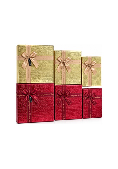 3pcs D.dörtgen Parlak Mix Renkli - Kabartma Desen Karton Hediye Kutusu Kurdelalı 33x24.5-28.5x20.5-24x16.5cm Çok Renkli