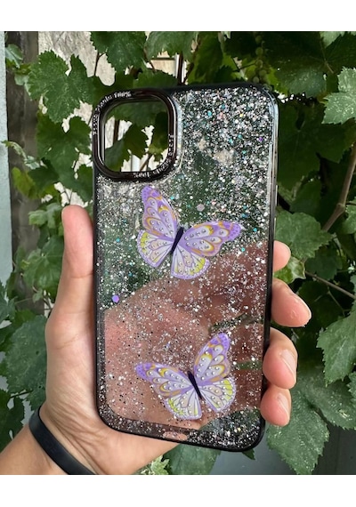 Apple Uyumlu iPhone 15 Plus Taşlı Simli Kelebekli Kılıf Siyah