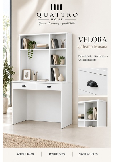Velora Raflı Ve 2 Çekmeceli Çalışma Masası Beyaz