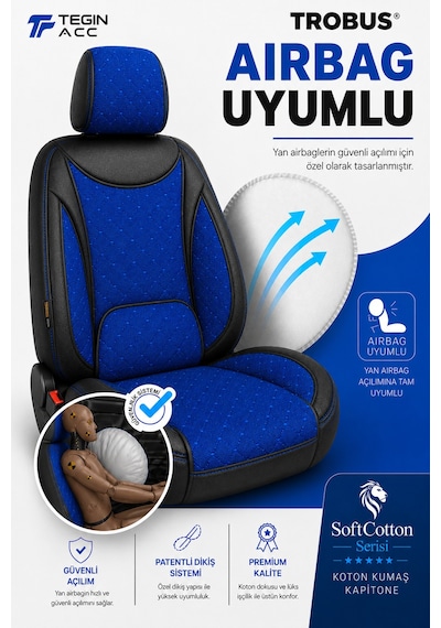 Renault Kangoo Combi 2008-2021 Uyumlu Softcotton Serisi Mavi - Siyah Oto Koltuk Kılıfı