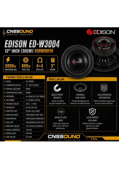 Edison Ed-w3004 30 Cm 800 Rms 2000w Çift Bobin 4+4 Ohm Oto Bass Subwoofer