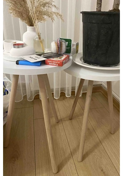 2'li Zigon Sehpa Seti Saksılık Ve Çiçeklik Standı, Dekoratif Yan Sehpa Ahşap Ayaklı 33 Cm Çap - Beyaz Beyaz