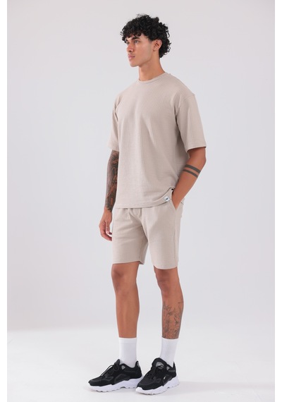 Rowinger Waffle Dokulu Oversize T-shirt Ve Şort Erkek Takım Beıge