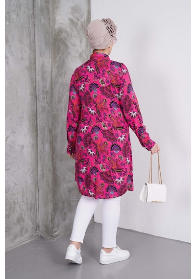 Polologin Butik Fuşya Rengi Çiçek Desenli Gömlek Tunik Fuşya