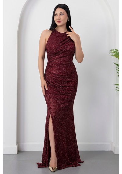 Kalopya Halter Yaka Yırtmaçlı Boncuklu Elbise 41099 Bordo