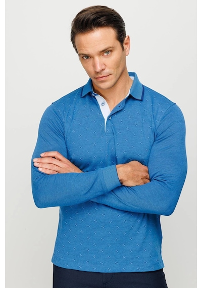 Desen Triko Erkek Polo Yaka Kare Desenli Uzun Kollu Sweatshirt Saks Saks Desen Triko Erkek Polo Yaka Kare Desenli Uzun Kollu Sweatshirt Saks Saks