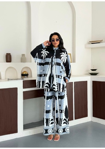 Wellway Atlas Kumaş Tunik Gömlek & Pantolon 2li Takım-mavi Çiçekli-2590 Lacivert