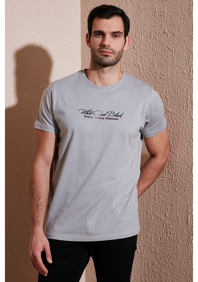 Buratti Pamuklu Slim Fit Bisiklet Yaka Yazılı Erkek T Shirt 541Enjoy Açık Gri