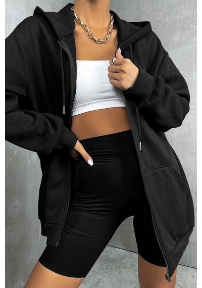 Startmore Adrift Ünisex Siyah Fermuarlı Oversize Sweatshirt New York21 Siyah