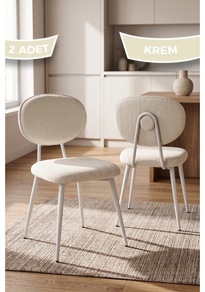 Nubba Serisi 2 Adet Bukle Kumaş Beyaz Metal İskeletli Mutfak Sandalyesi Krem - Beyaz