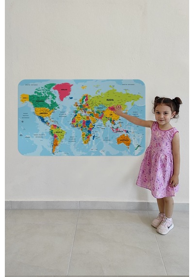Türkçe Eğitici Ülke Ve Başkent Okyanus Detaylı Atlası Dünya Haritası Duvar Sticker -85x130-3870 Çok Renkli