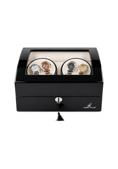 Watch Winder Brooklands Collection 4 Slotlu Ultra Sessiz Otomatik Saat Kurma Kutusu +6 Muhafaza Alanlı, Piano Ebony & Alcantara Kahve Krem