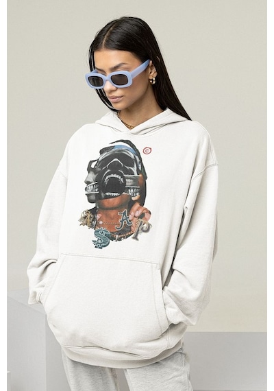 Travis Scott Rapper Baskılı Unisex Oversize Hoodie Beyaz