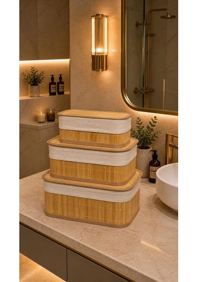 Tr 3 Lü Kapaklı Bambu Depolama&organizer Sepeti 36x26x17 Cm Sarı Genel