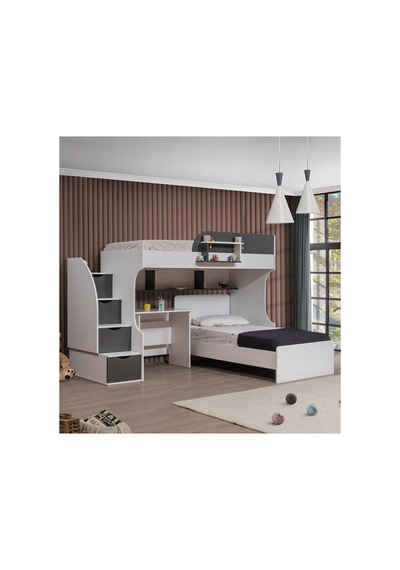 Ranza, Aura Ranza Karyola Masa 3 Kapaklı Dolap + 2 Comfort Yatak Beyaz - Gri 90 X 190 CM Ranza, Aura Ranza Karyola Masa 3 Kapaklı Dolap + 2 Comfort Yatak Beyaz - Gri 90 X 190 CM