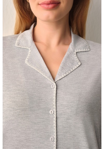 Suwen Hilary Gömlek Yaka Pijama Takımı Sh26628660b051 Gri Melanj