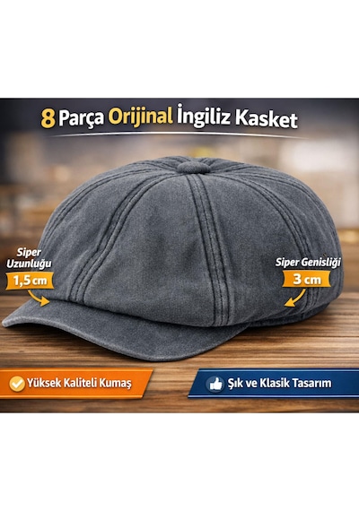 Perlotus Erkek İngiliz Kasket Şapka 8 Parça Yıkamalı Pamuk Kumaş Arka Lastikli Standart Beden BEJ
