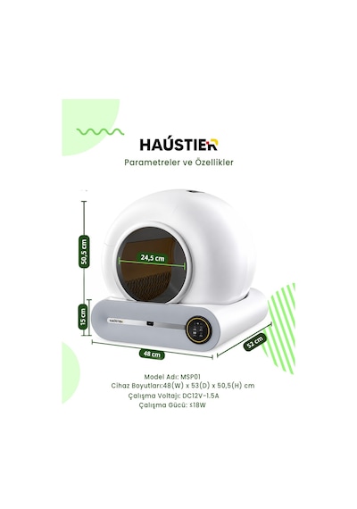 Haustier MSP01 Akıllı Otomatik Kedi Tuvaleti , App Kontrol, 65lt Hazne, 9lt Çöp haznesi, İyonizer Kötü Koku Giderici