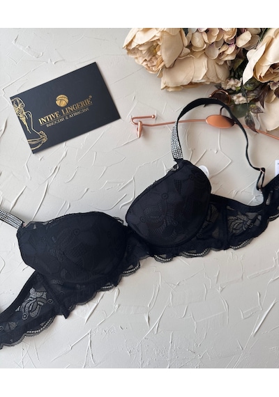 Jasmine Askıları Parlak Taşlı Hafif Destekli Dantelli Soft Cup İt Siyah