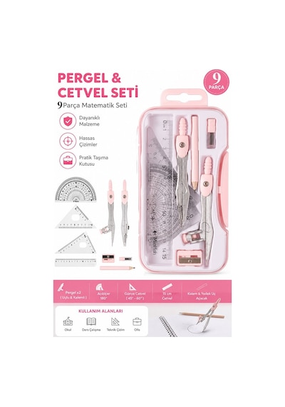 Metal Pergel Seti 9 Parça 1 Paket 9121 Profesyonel Pergel Çizim Proje Matematik Mimar Mühendis Çizim Seti Cetvel Gönye Pembe