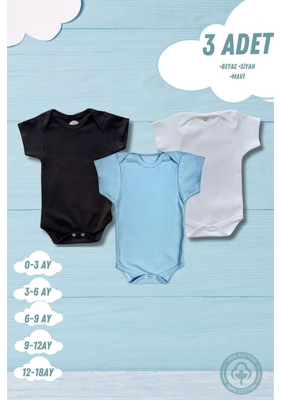 Betül Bebek Kısa Kollu 3'lü Organik Pamuk Çıtçıtlı Bebek Body&zıbın Siyah,mavi,beyaz Çok Renkli