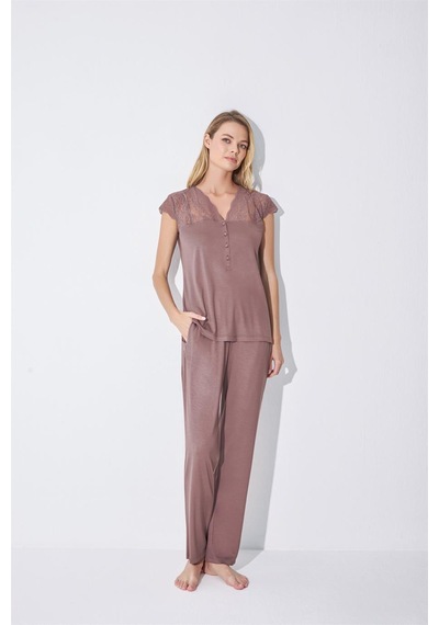 Monamise Kadın Yakası Kolu Ve Omzu Dantelli Önü Düğmeli Pijama Takımı 18509-kahve Kahverengi