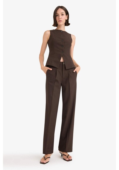 Defacto Wide Leg Fermuarlı Yüksek Bel Standart Boy Pantolon E7238ax25aubn340 Kahve