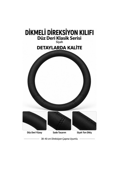 Trobus Renault Kangoo 2024 Ve Sonrası Uyumlu Dikmeli Direksiyon Kılıfı Düz Deri Klasik Siyah
