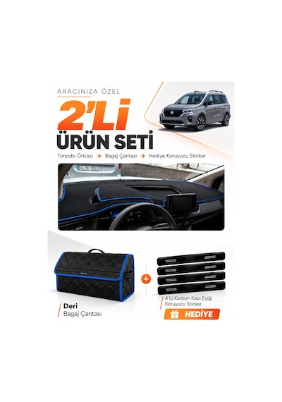 Nissan Townstar 2025-sonrası Uyumlu Torpido Örtüsü + Deri Bagaj Çantası + Sticker - Siyah Mavi