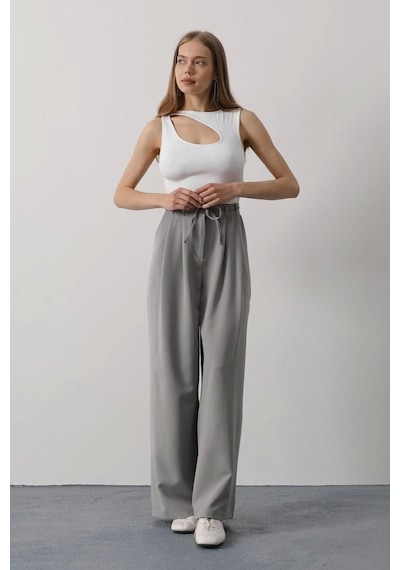 Defymoda Pileli Bağcıklı Oversize Pantolon - Gri Gri
