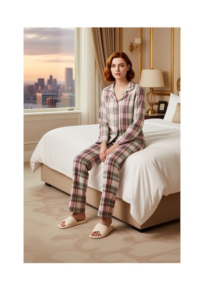 Ersefa Kadın Flanel Ekose Pijama Takımı Gömlek Yaka Uzun Kollu Fonksiyon Mint