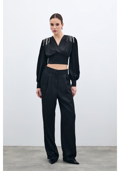 Sateen Pileli Saten Krep Pantolon - Siyah-135692 Siyah