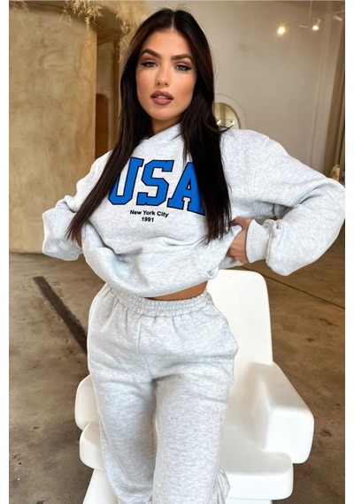 Usa Eşofman Takımı Sweatshirt Jogger - Gri Baskılı Oversize Şardonlu Kapüşonlu Gri