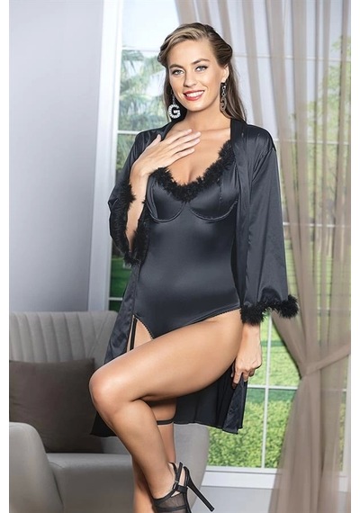 Saklımoda Kuşaklı Mini Boy Saten Sabahlık Siyah Mgp11500 Siyah