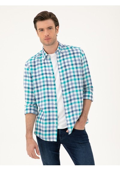 Cacharel Turkuaz Regular Fit %100 Keten Gömlek Yeşil