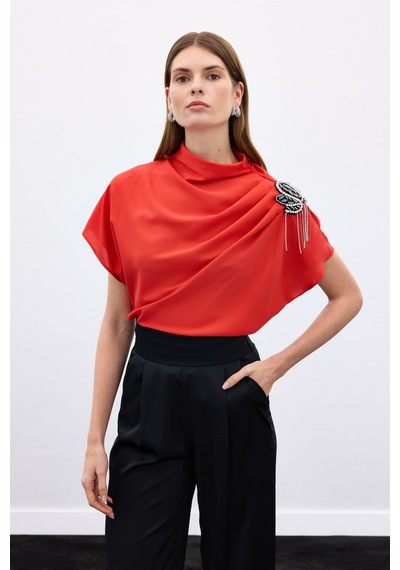 Topshow Sateen Şık Salaş Bluz Kırmızı