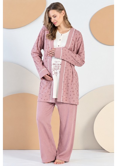 Feyza 3 Lü %100 Pamuk Uzun Kol 5408 Hamile Lohusa Pijama Takımı Pudra
