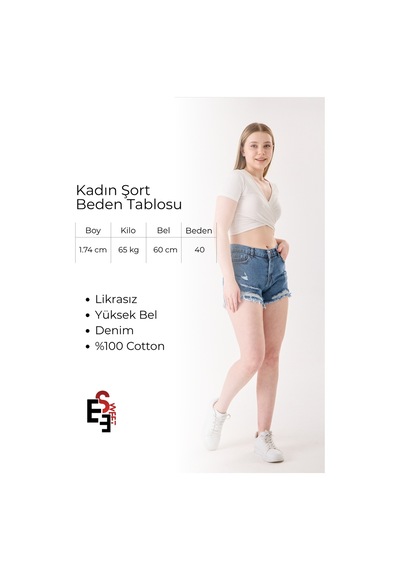 Eseclass Modern Kesim Yüksek Bel Püskül Paça Denim Şort Koyu Mavi Koyu Mavi