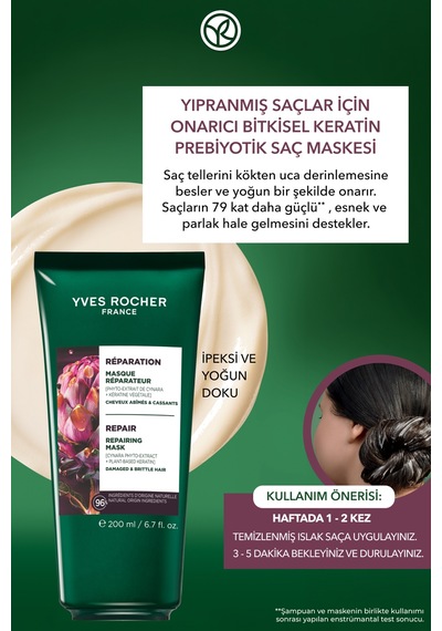 Yves Rocher Onarıcı Bitkisel Keratin Prebiyotik Saç Maskesi - Yıpranmış Saçlar / Reparation -vegan -200ml