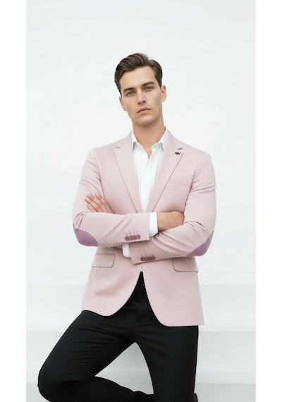 Plus Scorpion Açık Pembe Erkek İtalyan Kesim Blazer Ceket Kol Yamali, Slim Fit, Şık Ve Modern Tasarım Pembe