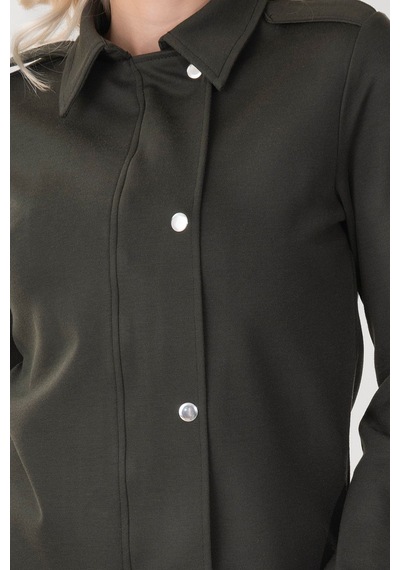 Bold & Young Kadın Viskon Polyester Likralı Kumaş Kol Ucu Toka Bantlı Kuş Gözü Aksesuarlı Çıt Çıtlı Cepli Ceket Haki
