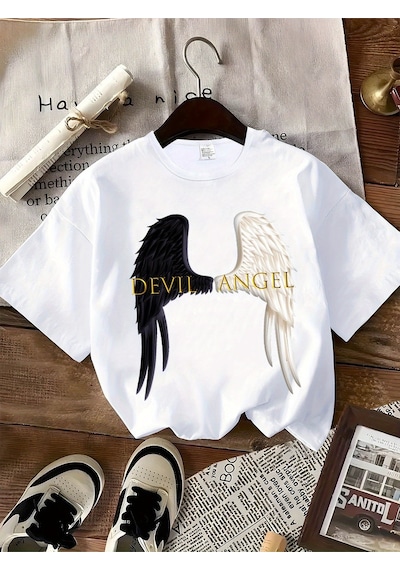 Uyguntarz Unisex Devil Angel Baskılı Tasarım Tshirt Beyaz