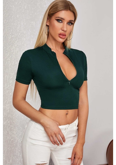 Modi Kadın Yeşil Yarım Fermuarlı Ve Kısa Kollu Crop Top Bluz