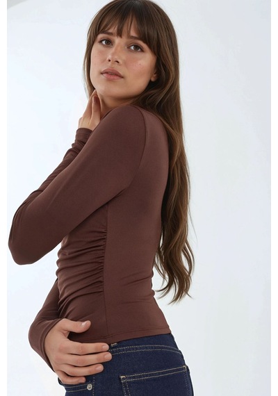 Hiccup Tekne Yaka Uzun Kollu Slim Fit Örgü Üst Mocha Kahvesi
