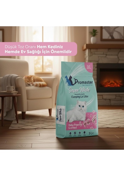 Süper Beyaz Doğal Bentonit Topaklanan Kedi Kumu Bebek Pudrası Kokulu 5 Lt