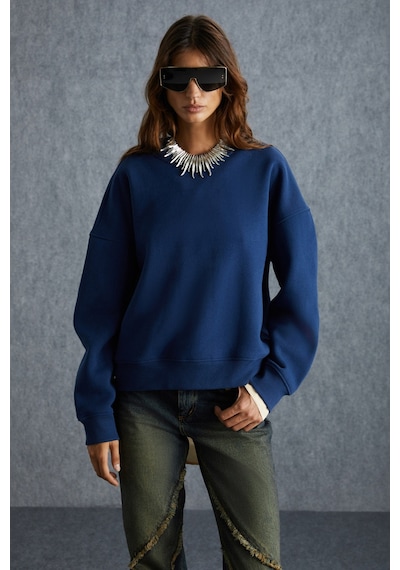 Grimelange Vaneltına  Kadın Içi Polarlı 3 Iplik Organik Pamuk Oversize Basic Bisiklet Yaka Lacivert Sweatshirt