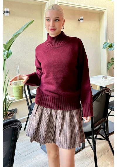 Madmext Bordo Boğazlı Kadın Triko Kazak Mg2535 Bordo
