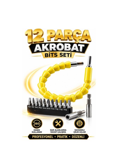 12 Parça Akrobat Bits Seti Esnek Uzatma Aparatı Tornavida Uç Seti
